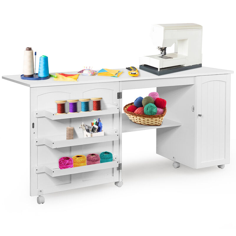 Folding Sewing Table Shelves Storage Cabinet Craft Cart with Wheels image number 3
