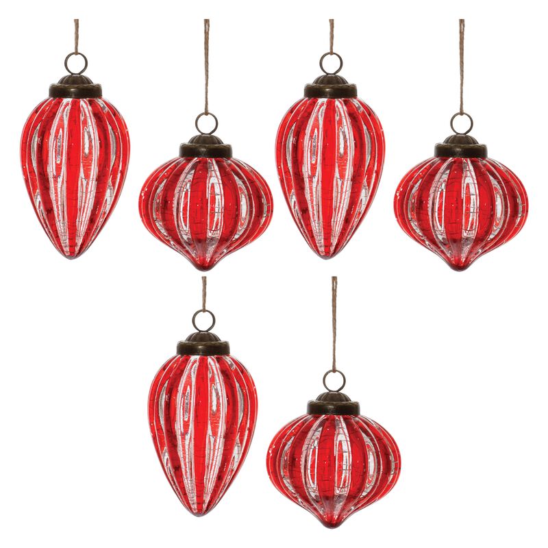 Set of 6 Textured Ribbed Crackle Glass Ornaments for Elegant Holiday Decor
