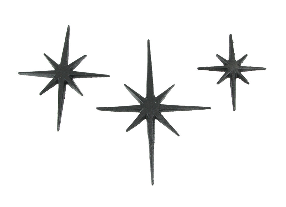 Set of 3 Black Cast Iron 8 Pointed Starburst Wall Hangings Mid Century Stars