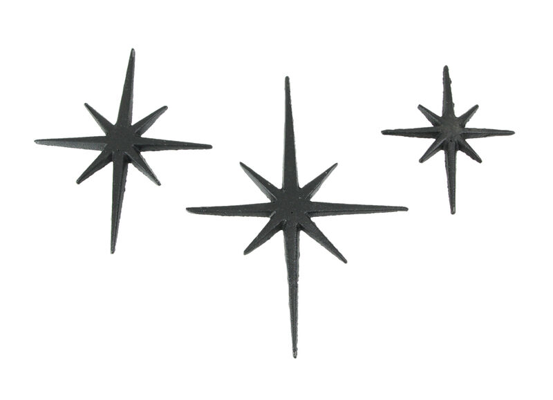 Set of 3 Black Cast Iron 8 Pointed Starburst Wall Hangings Mid Century Stars image number 0