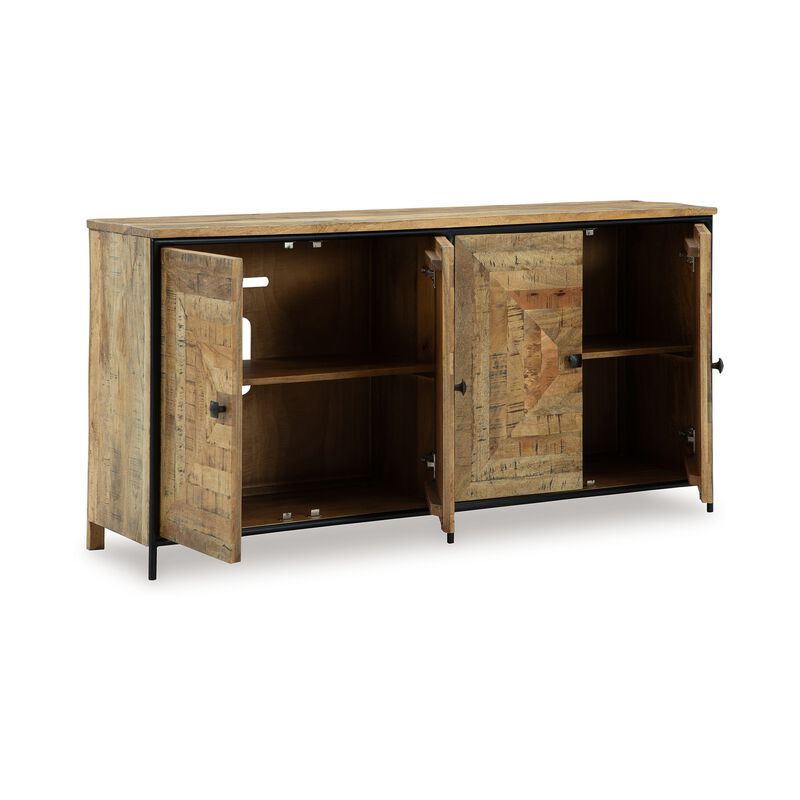 Sideboard Cabinet Console, Square Patterned Brown Mango Wood 63 Inch