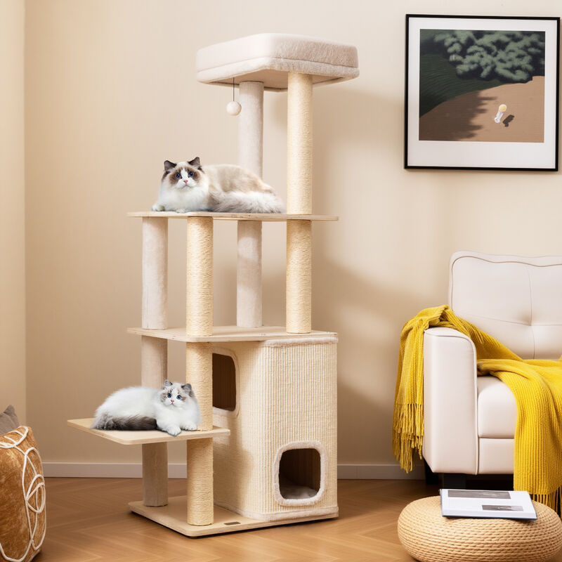 Wooden Cat Tree Tall Tower with 2 Story Condo and Plush Padded Top Perch-Natural image number 1