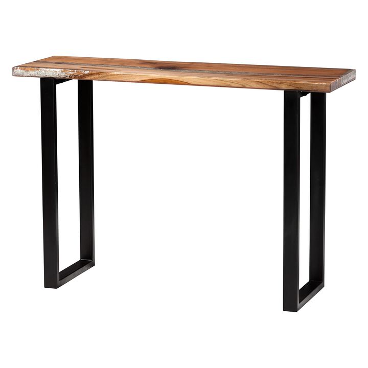 bali & pari Apio Wood Epoxy Resin Console Table with Glass Inlay - Rectangular Live Edge Teak Wood Accent Table with Black Metal Base, Modern Rustic Furniture for Living Room or Entryway