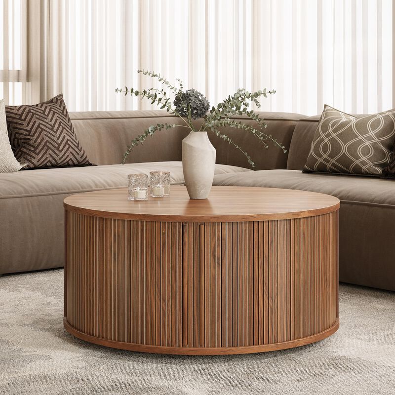 SLIDDO 35'' Round Coffee Table with Storage and Shelves.