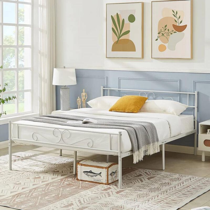 Hivvago Queen White Metal Platform Bed Frame with Headboard and Footboard