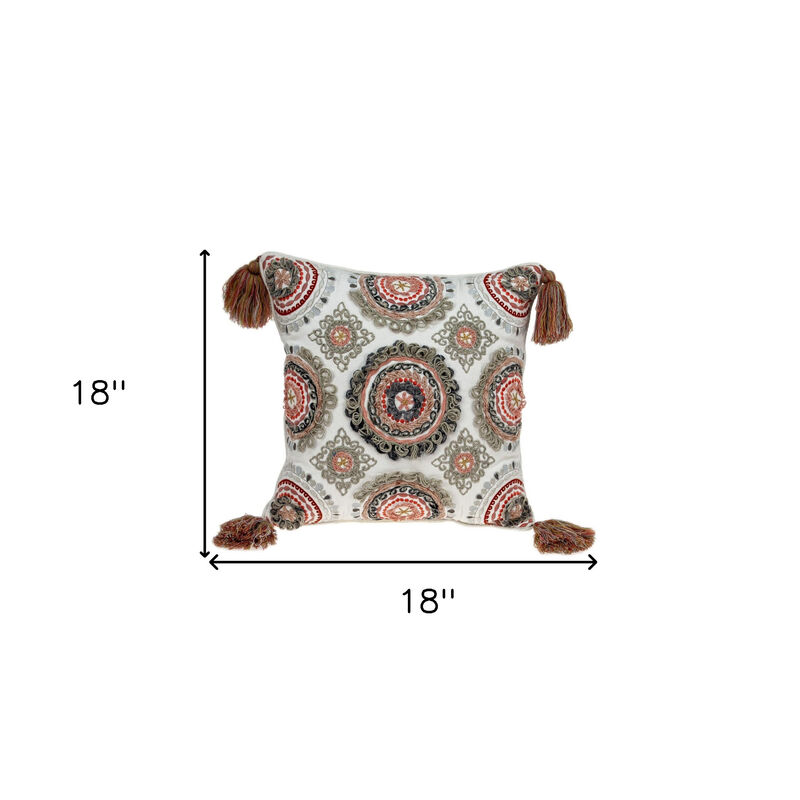 HomeRoots 18" Red and White Floral Cotton Throw Pillow With Embroidery, Tassels image number 4