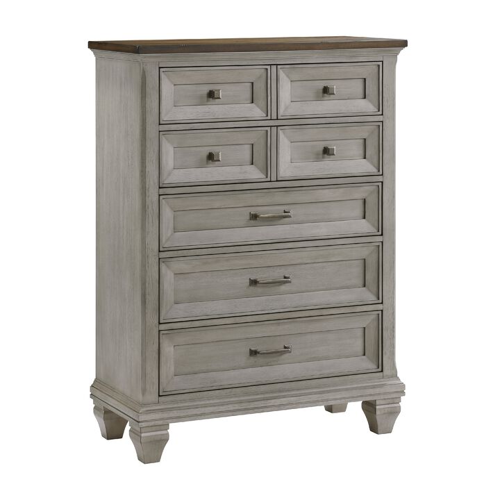 Giny Tall Dresser Chest, 5 Drawers, Brown and Antique Gray Acacia Wood - Benzara