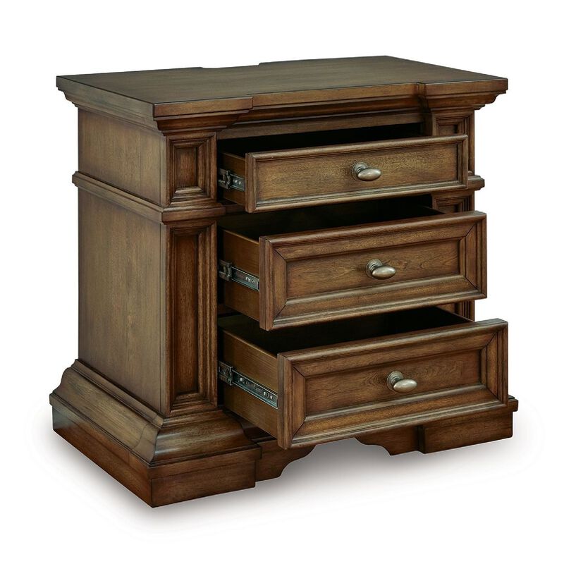 Lesa Nightstand, 3 Drawers with Antique Brass Oval Knobs, Brown 32Inch image number 3