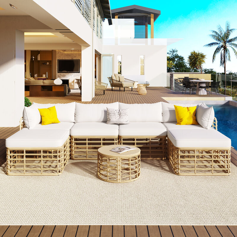Whisen All-Weather Rattan Sectional Sofa Set with Thick Cushions and Pillows, Freely Combined Conversation Sets image number 1