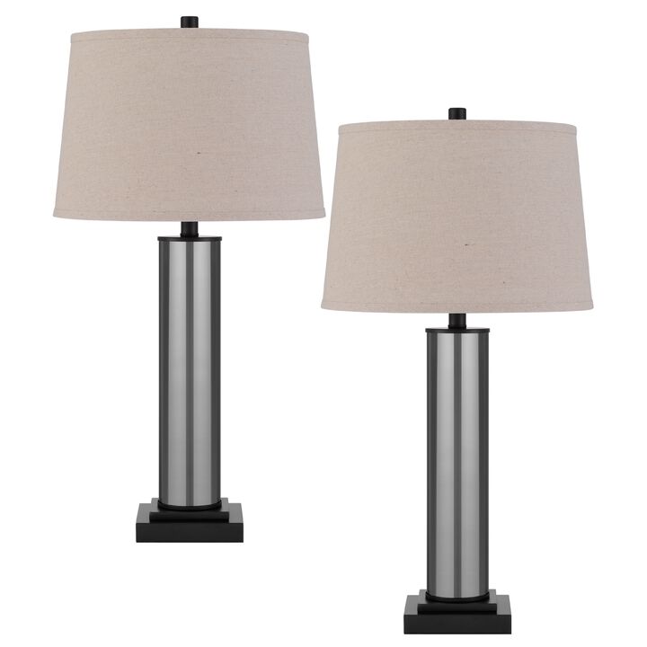 Table Lamp Set of 2, Beige Drum Shade, Black Glass Pedestal Base
