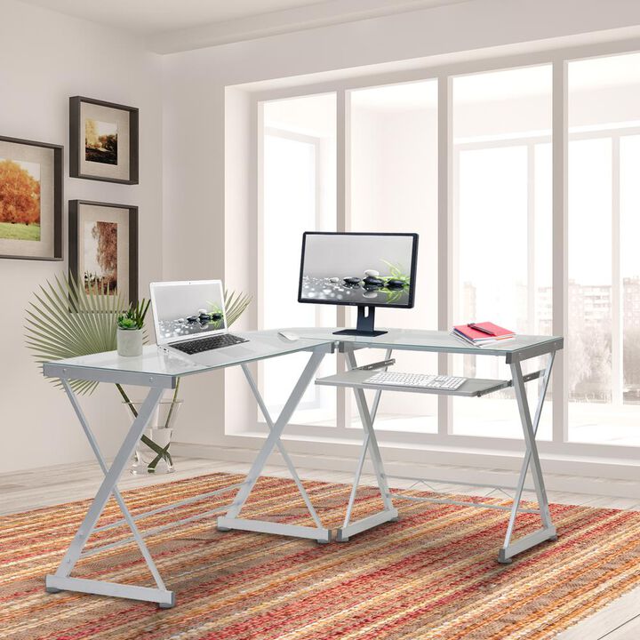 Techni Mobili L-Shaped Tempered Glass Top Computer Desk With Pull Out Keybaord Panel. Color: Clear