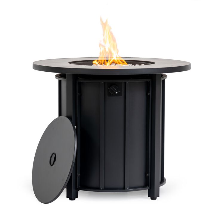 30" Propane Gas Fire Pit Table, 50000 BTU Round Steel Fire Pit With Wood Grain Ceramic Table Top