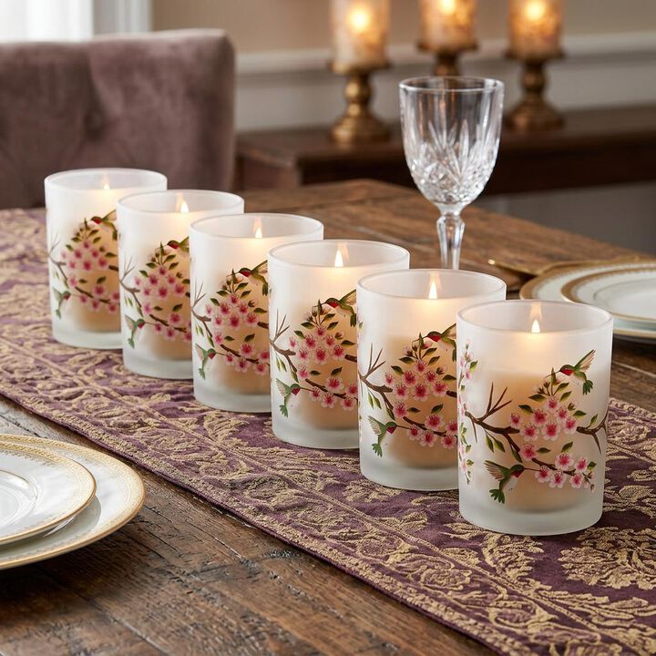 HomeRoots Set of Six White Green And Pink Hummingbird Floral Glass Votive Candle Holders