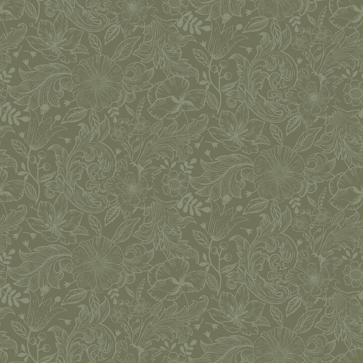 Wilma Green Floral Block Print Wallpaper