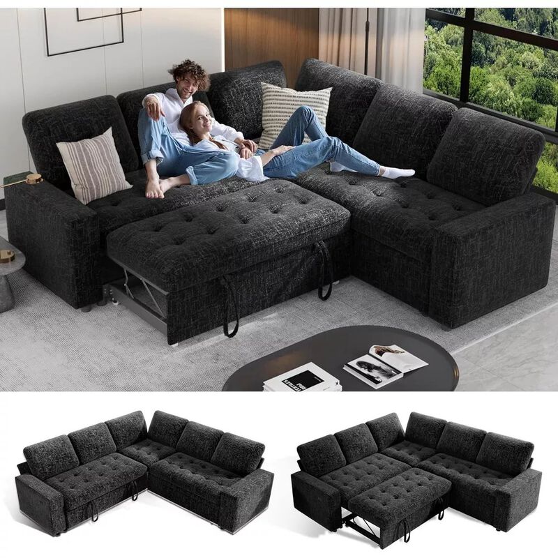 Vipbear 79" 5-Seat L-Shaped Sectional Sleeper Sofa Bed, Chenille Pull-Out Couch with Backrest image number 9