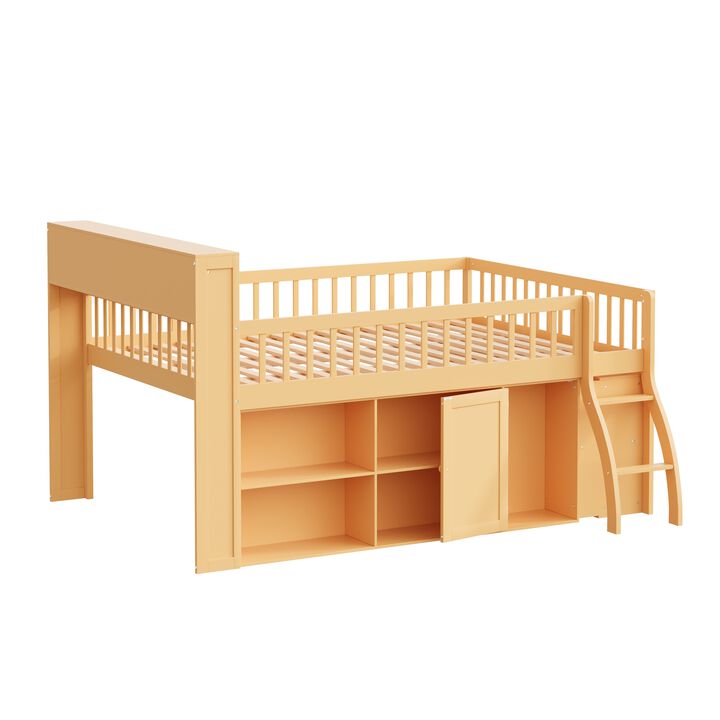 Merax Loft Bed with Storage Shelves and LED Headboard Light