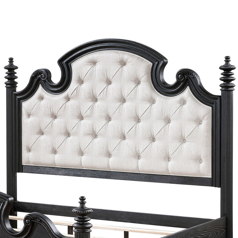 Selena King Size Poster Bed, Classical White Tufted Upholstery, Black - Benzara