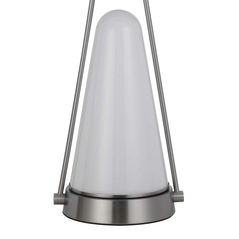 29 Inch Table Lamp, LED Lit, White Drum Hardback, Silver Metal and Glass - Benzara