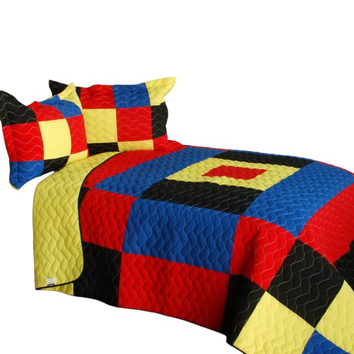 3PC Queen Size Quilt Set with Vermicelli Stitching and Soft Printed Fabric-Blue