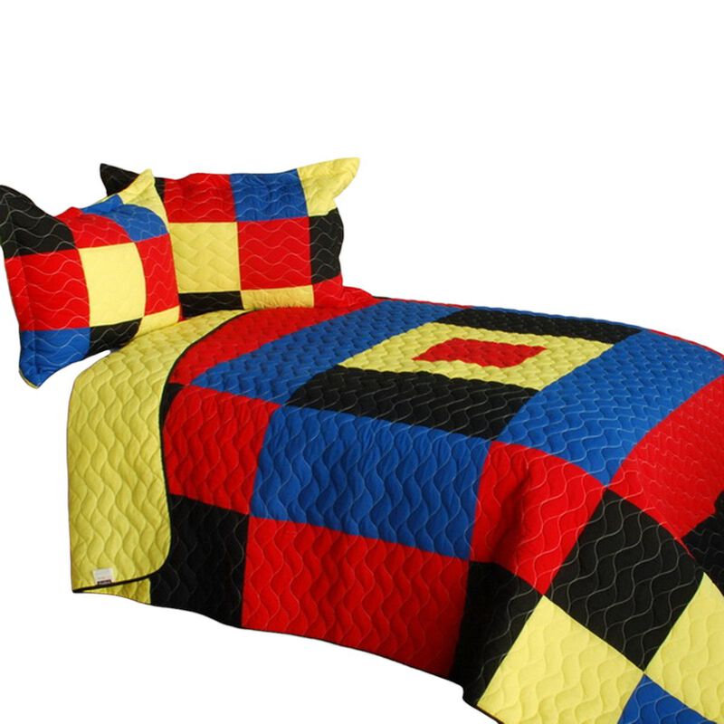 3PC Queen Size Quilt Set with Vermicelli Stitching and Soft Printed Fabric-Blue image number 1