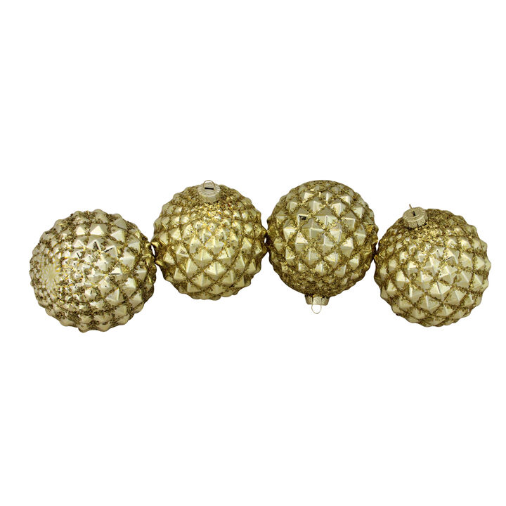 4ct Gold Glitter Flake Christmas Glass Ball Ornaments 4" (100mm)