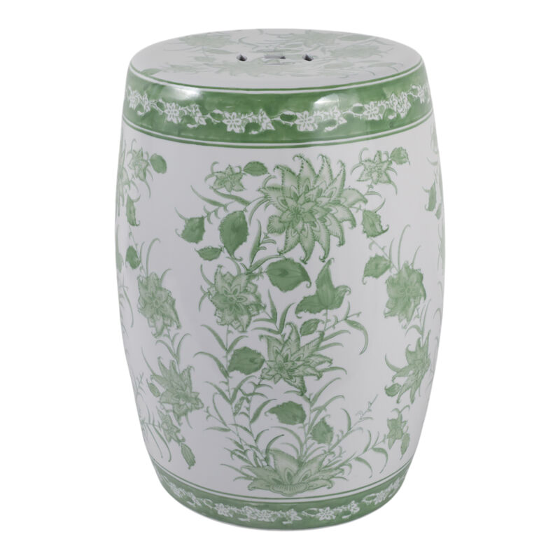 Cer,18" Pinwheel Flower Chinoiserie Stool, Grn/wh image number 3