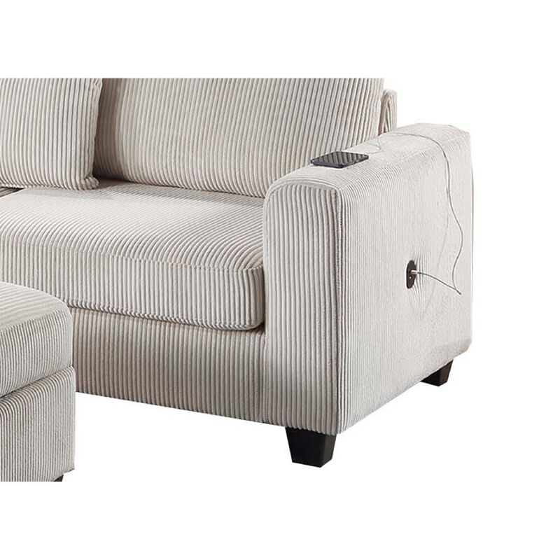 Roe 3pc Sectional Sofa Set with Chaise, Ottoman, 2 Pillows, Ivory - Benzara