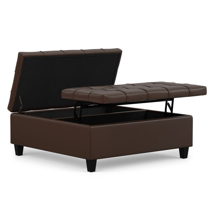 Harrison 40 inch Wide Transitional Square Large Coffee Table Storage Ottoman in Chocolate Brown Vegan Faux Leather, Assembled