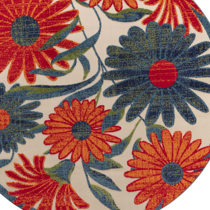 HomeRoots 8' Ivory Orange And Blue Round Floral Indoor Outdoor Area Rug image number 4