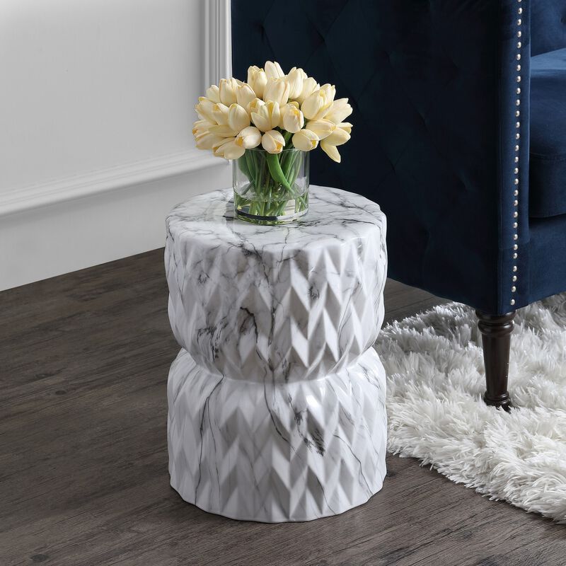Chevron Drum White Marble Finish Ceramic Garden Stool