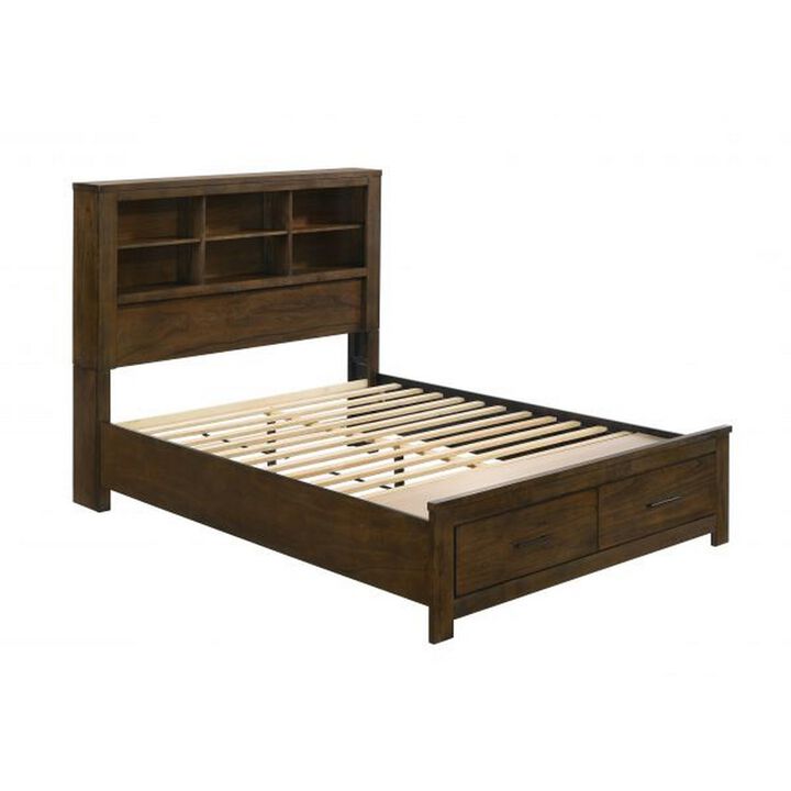 Benjara Maryl Queen Bed with Bookcase Headboard, Solid Wood, Oak Brown Finish