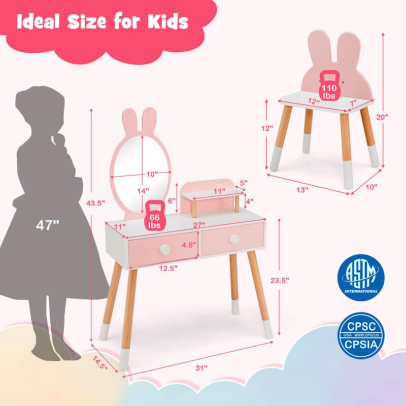 Hivvago Kids Vanity Table and Chair Set with Drawer Shelf and Rabbit Mirror