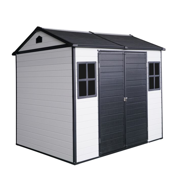 8 x 6ft Resin Outdoor Storage Shed Waterproof with Two Windows & Lockable Door,Tool Shed for Garden