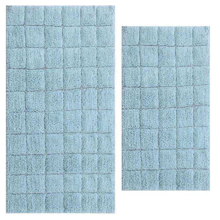 Knightsbridge Summer Tile 220 GSF Non Skid Back Bath Rug Set - 2- Piece - 17"x24" and 21"x34", Light Blue