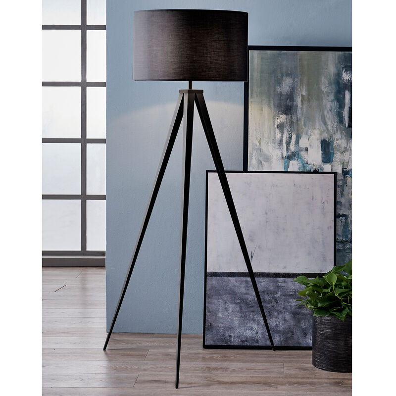 Teamson Home Romanza 61.81" Postmodern Tripod Floor Lamp with Drum Shade, Matte Black