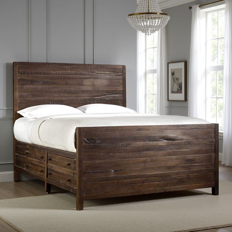 Cas California King Storage Bed, Plank Panel Headboard, Rough Hewn Brown - Benzara