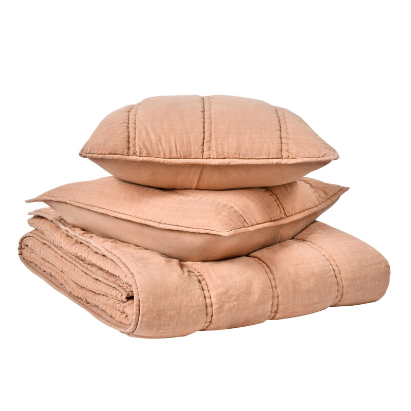 Rawi 3 Piece Queen Quilt Set, Channel Stitched Clay Ramie, Cotton - Benzara