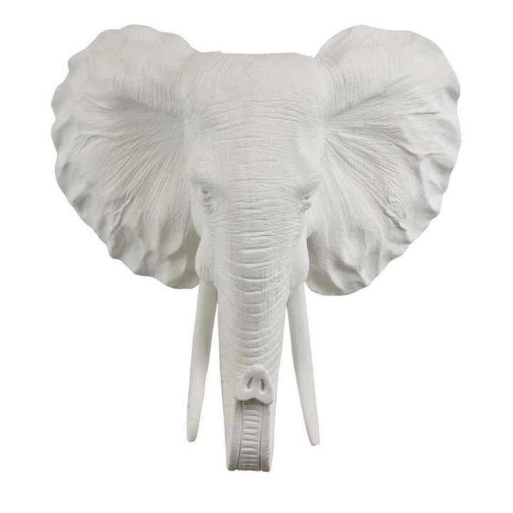 17 Inch Wall Decor, Elephant Sculpture Resin, White, Transitional Style - Benzara