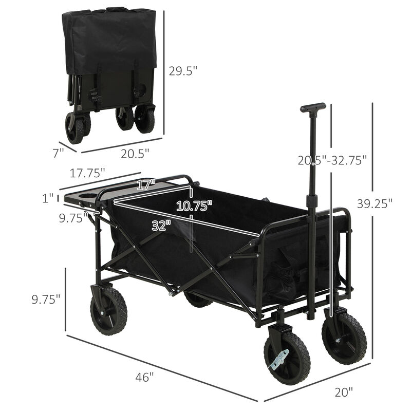 Outsunny Foldable Wagon Graden Carts with Wheels and Side Table, Black