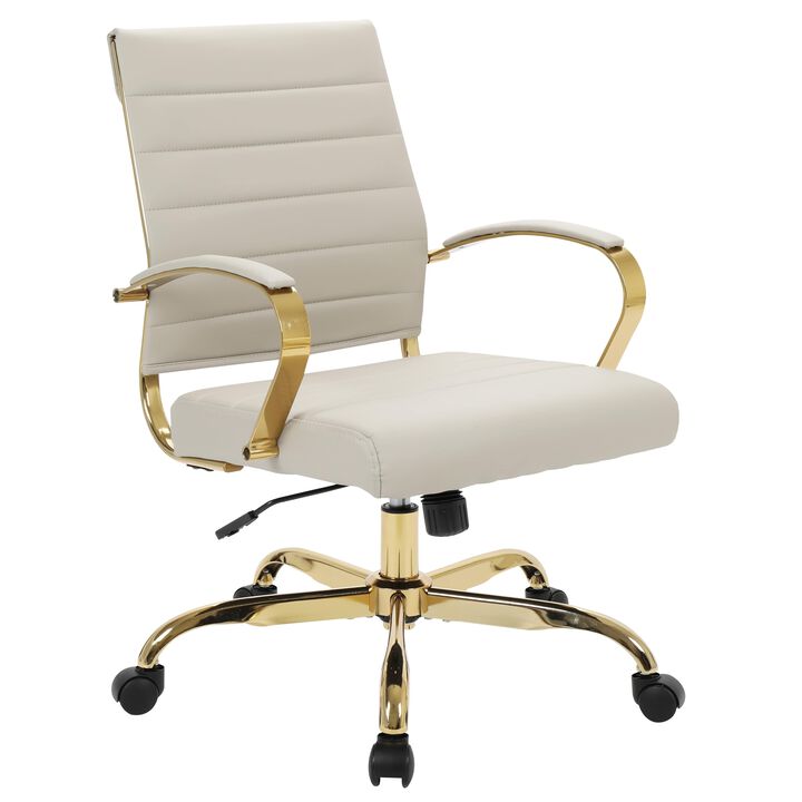 LeisureMod Benmar Leather Office Chair with Gold Accents, Adjustable Height, Swivel Base, Ergonomic Design for Home Office, Study, or Workspace