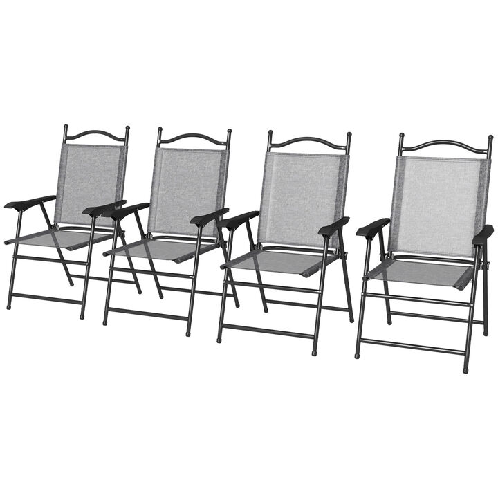 Outsunny Folding Patio Chairs, Set of 4 Sports Chairs for Adults, Camping Chairs with Armrests, Breathable Mesh Fabric Seat for Lawn, Gray