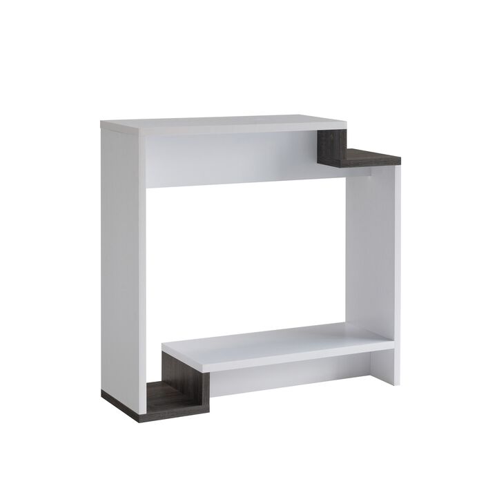 36 Inch Modern Console Table, Multilevel Wood Shelves, Gray and White-Benzara