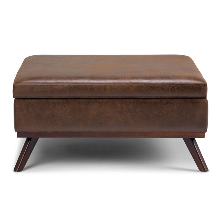 Owen Square Coffee Table Storage Ottoman in Distressed Chestnut Brown Faux Air Leather