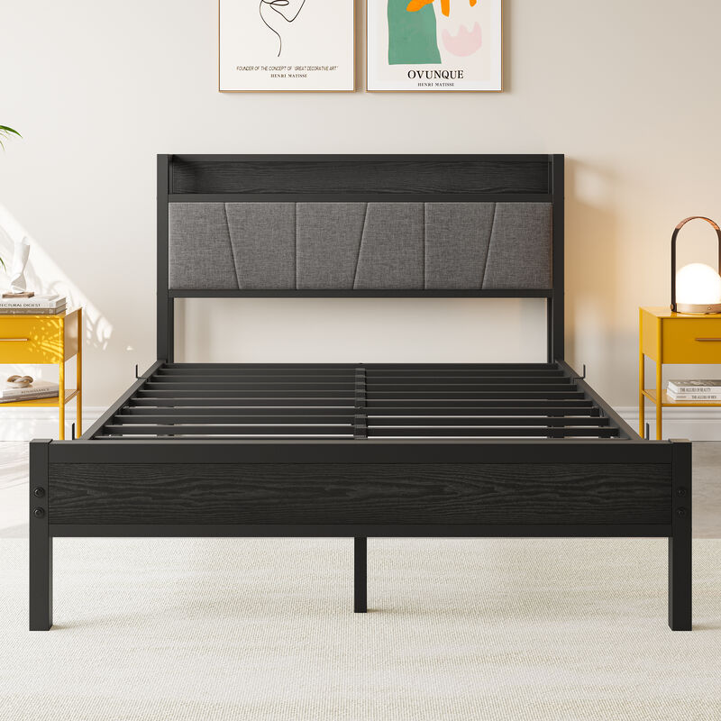 Bed Frame with Storage Headboard Charging Station and Sturdy Design