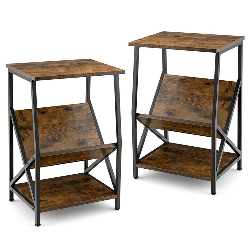 3-Tier Industrial Side Table with V-shaped Bookshelf for Living Room-Rustic Brown