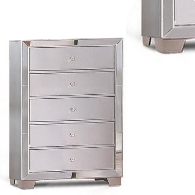 Eli 46 Inch Deluxe Wood 5 Drawer Tall Dresser Chest, Mirrored Trim, Silver-Benzara