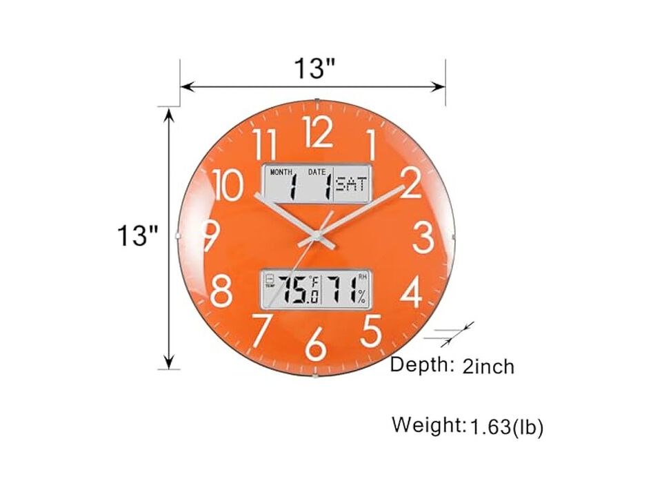 Calendar Temperature Humidity Orange Wall Clock Silent Home Decor