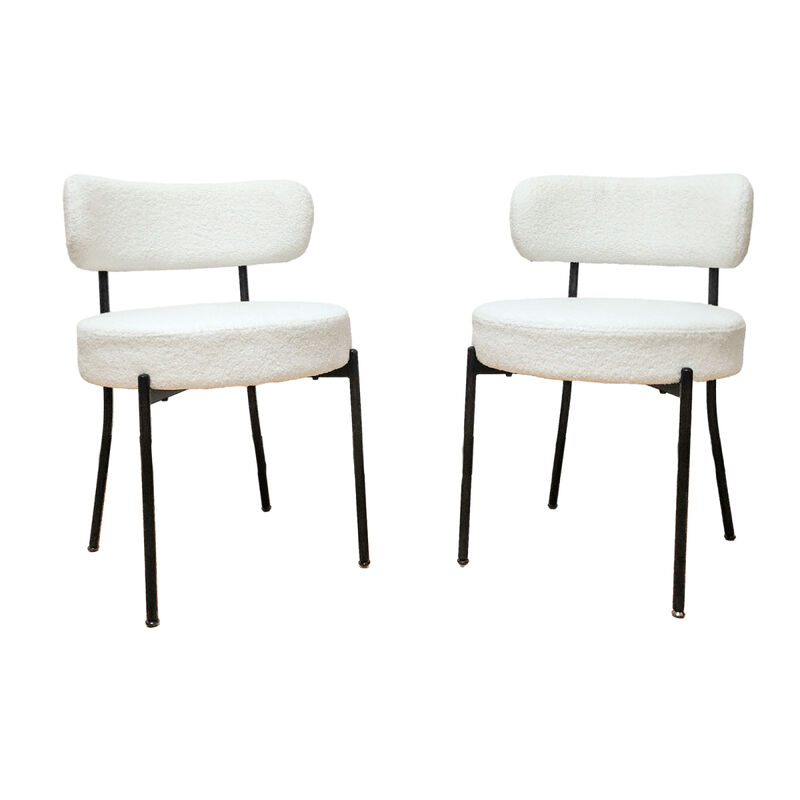 White Dining Chairs Set of 2, Mid Century Modern Dining Chairs, Kitchen Dining Room Chairs, Curved Backrest Round Upholstered Boucle Dining Chair with Black Metal Legs