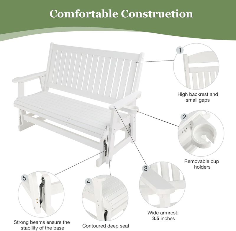 Outdoor HIPS Patio Glider Bench with Cup Holders, All-Weather Resistant, High Backrest and Deep Contoured Seat, Heavy Duty 900 LB for Porch, Garden (3-Seat) image number 6