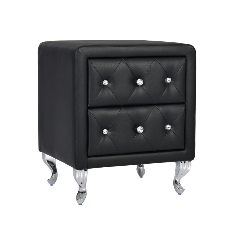 Elegant PU Nightstand with 2 Drawers and Crystal Handle, Fully Assembled Except Legs Handles, Storage Bedside Table with Metal Legs - Black image number 7